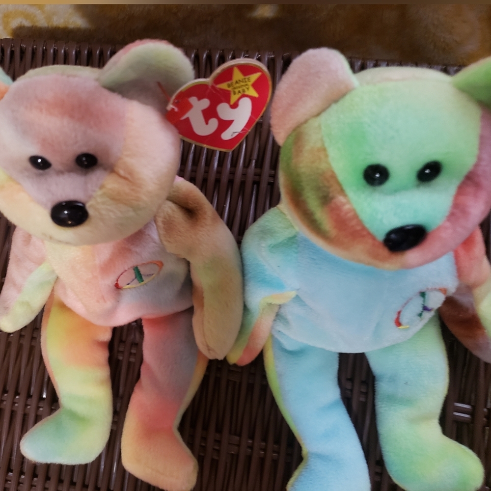 🧸 RARE Ty Beanie Baby PEACE Bears SET (2) - Tie Dye VINTAGE 1996 w/Tags! PEACE! - Picture 5 of 11